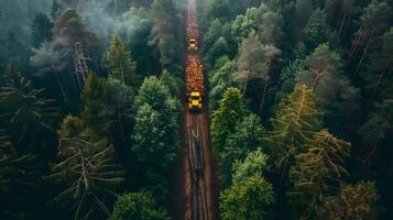 Aerial view of logging trucks transporting timber through a dense, misty forest. photo