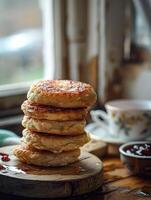 A stack of freshly made Welsh cakes served on a rustic wooden board. photo