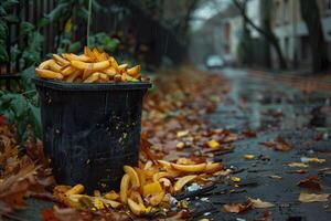 Rainy street with overfilled trash bin of banana peels. photo