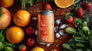 Chilled beverage can with fresh fruit and herbs photo