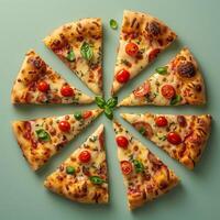 un formación de Pizza rebanadas en verde antecedentes. foto