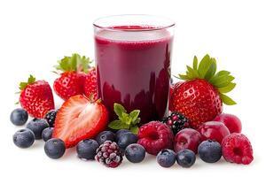 A vibrant and refreshing glass of mixed berry juice surrounded by an assortment of fresh and frozen berries. photo