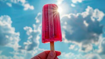 de cerca de un mano participación un fresa paleta de hielo en contra soleado cielo. foto