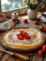 Freshly made crepes with strawberries on rustic wooden table. photo