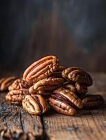 Close-up of a pile of pecan nuts on wooden surface photo