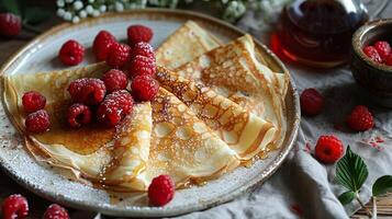 Crepes adorned with fresh raspberries and a generous drizzle of syrup on a rustic ceramic plate. photo