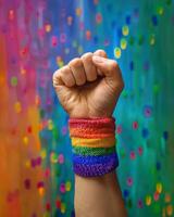 A raised fist adorned with a glittery rainbow wristband on colorful background. photo