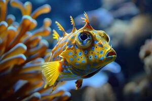 Close-up of thronghorn cowfish, showcasing its vivid yellow body and striking blue spots. photo