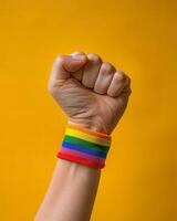 A raised fist wearing a rainbow wristband on yellow background. photo