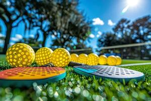 Pickleball rackets and yellow balls under the clear blue sky. photo