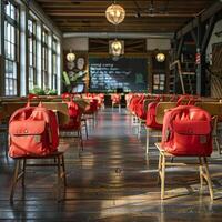 Red backpacks neatly arranged on school desks in an empty, sunlit classroom with a chalkboard in the background. photo