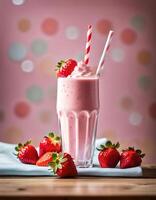 Delicious Strawberry Juice Smoothie in a Glass with a Straw photo