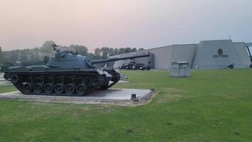 Army equipment using in war are placed in public park for kids in Lahore, Pakistan on May 15, 2024. photo