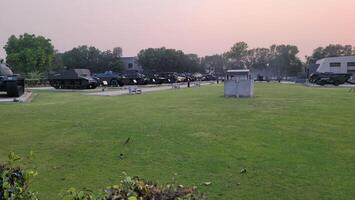 Army equipment using in war are placed in public park for kids in Lahore, Pakistan on May 15, 2024. photo