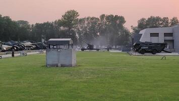 Army equipment using in war are placed in public park for kids in Lahore, Pakistan on May 15, 2024. photo