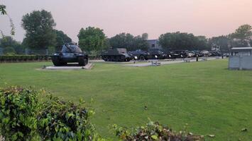 Army equipment using in war are placed in public park for kids in Lahore, Pakistan on May 15, 2024. photo