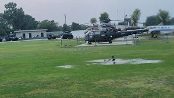 Army equipment using in war are placed in public park for kids in Lahore, Pakistan on May 15, 2024. photo