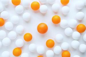 Vibrant orange ping pong balls stand out amidst a backdrop of white balls on a neutral white background, Generated AI photo