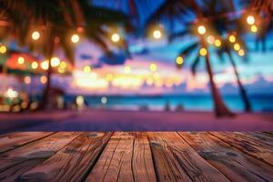 A wooden table is set against the backdrop of beach cafes, their lights creating a mesmerizing bokeh effect, Generated AI photo