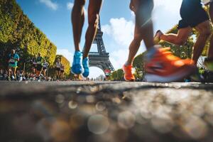 explorar el cautivador escena de Atletas carreras pasado el eiffel torre en París Francia, con un superficial profundidad de campo ese Destacar su determinado pasos, generado ai foto