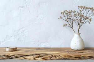 The combination of a grunge white concrete background and a blank wooden counter table creates a vintage minimal product mockup with a raw and authentic appeal, Generated AI photo