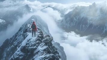 a woman climber stands atop a high mountain peak, offering a panoramic view of the surrounding peaks, encapsulating the feeling of awe and accomplishment in editorial photography, Generated AI photo