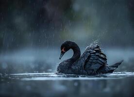 Black swan in the lake in rainy day on beautiful nature background, Generated AI photo