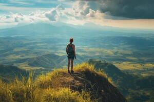 On the pinnacle of a mountain, a poised woman stands tall, her gaze fixed upon the vast expanse of rolling hills and fields, Generated AI photo