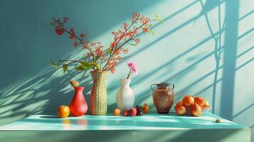 Sunlight pours through the window illuminating a still life of colorful vases flowers, Generated AI photo