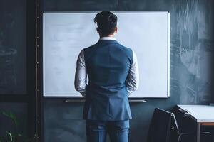 Deep in thought, the businessman stands pondering his business strategy, with the walls of his office adorned with sheets of paper outlining his plans, Generated AI photo