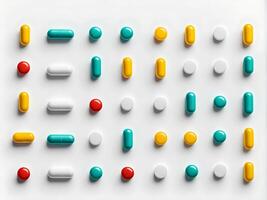 Assorted colorful medical pills on a white background isolated. Carefully laid out to create a pattern photo