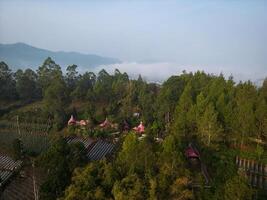 montaña refugio, abrazando de la naturaleza esplendor desde el cielo aéreo, cámping viaje en Lembang foto