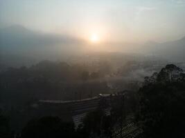 envuelto en misterio, etéreo niebla manta montaña bosque en Lembang Bandung foto