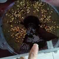 Closeup of chocolate sponge cake topped with peanuts photo