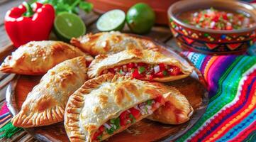 Tasty empanadas on a plate with colorful Mexican cloths as a background. National mexican food photo