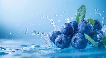 Fresh blueberries floating in water. A concept of vegetarian lifestyle and vegetarian diet photo