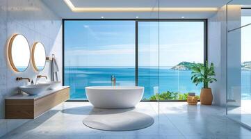 Luxury modern bathroom interior in ocean condo with expensive design and scenic view photo