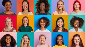 Diverse group of women posing for portraits. Multiple portraits with colored backgrounds photo