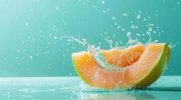 Fresh melon floating in water. A concept of vegetarian lifestyle and vegetarian diet photo