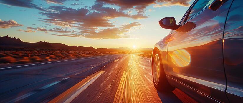 Low angle view of a modern luxury car on a road trip with a sunset in the background photo
