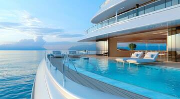 A large luxury private yacht with a pool on the deck photo