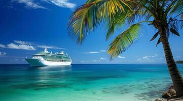 A large cruise ship docked near popular vacation resort in a scenic setting on the ocean photo