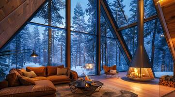 Modern living room in a chalet with furniture. Large and bright space with floor to ceiling windows photo