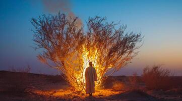 Moses looking at the burning bush. Bible stories and miracles, god manifestation, . photo