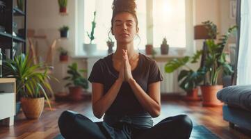 un mujer es sentado en un yoga estera en un habitación con plantas practicando yoga poses y consciente de meditación foto