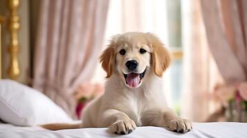 Pets friendly hotel or home room. Golden retriever puppy dog in luxurious hotel resting in bed. Traveling with pets. Emotional support concept. photo