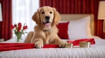 Pets friendly hotel or home room. Golden retriever puppy dog in luxurious hotel resting in bed. Traveling with pets. Emotional support concept. photo