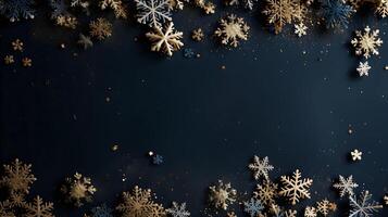 Navy Christmas background. Abstract background featuring dark blue and golden particles. Space for text. photo