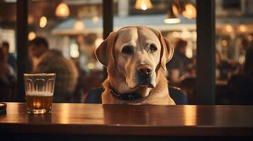 Pet friendly places concept. Smiling golden retriever sitting at the table in a cafe. Emotional support concept. photo