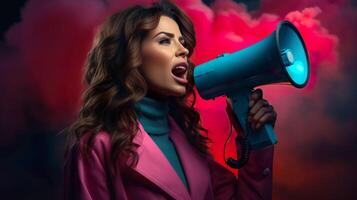 Close-up shot of female activist protesting with megaphone during a strike with group of demonstrator in background. photo